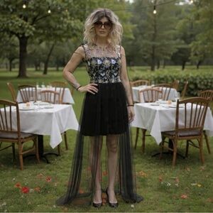 PINKO Elegant Black Mesh Floral Embroidered Maxi Dress Back Zipper Long Sleeves